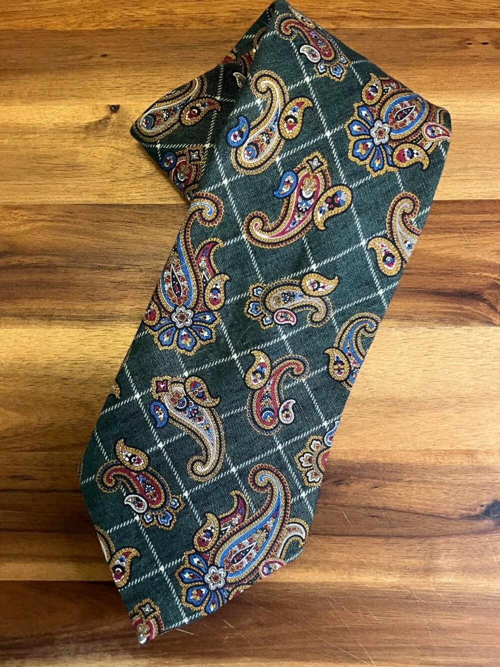 Vtg Tommy Hilfiger Linen Tie Paisley Olive Green Grid Printed Italy Made In USA